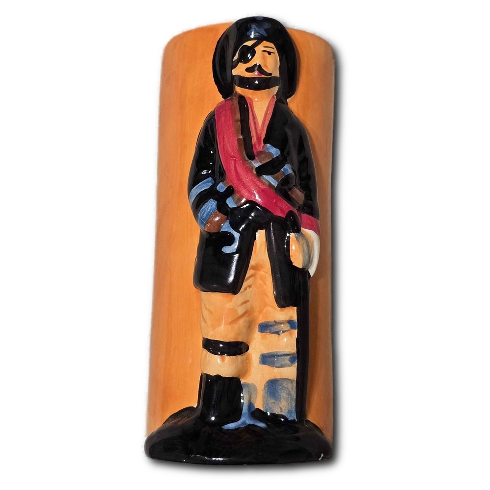 Ceramic Pirate Figural Toothbrush Holder Orange Background Skull Crossbones BINE